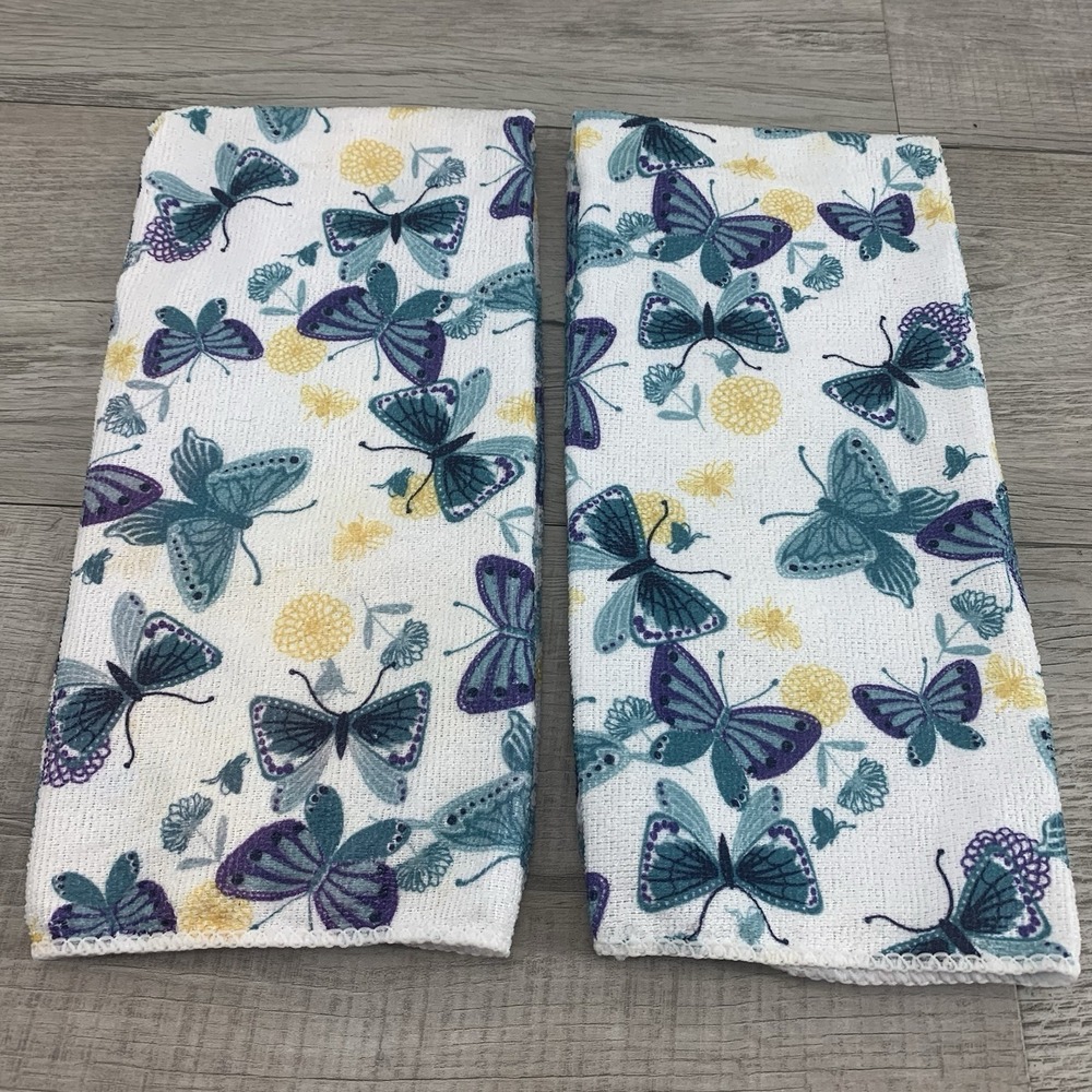 2 Kitchen Towels Butterfly Theme 14"x24" 100% Polyester